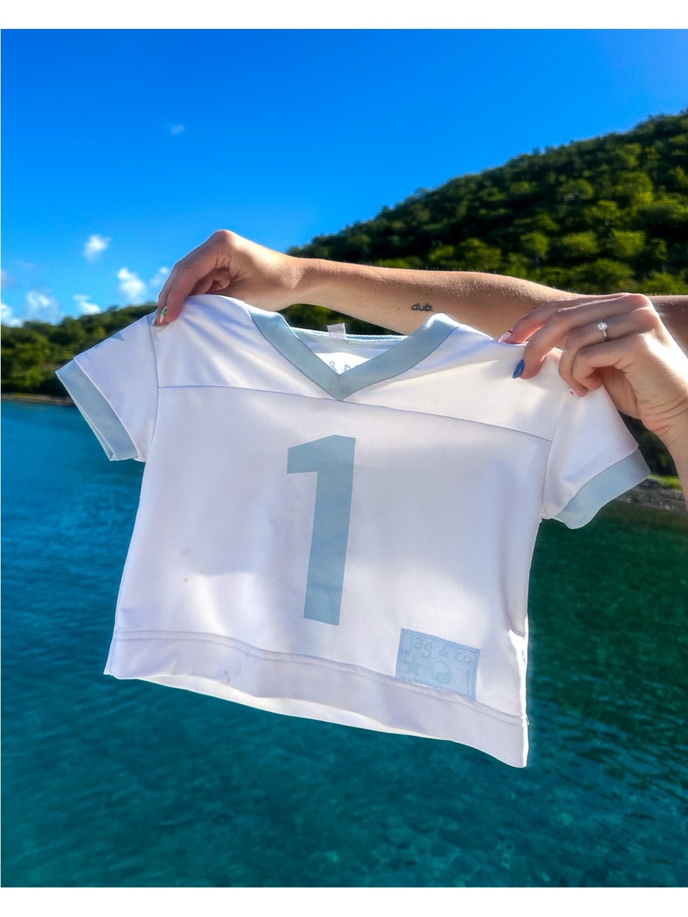 Kids White Short Sleeve Jersey Top with Light Blue Number 1